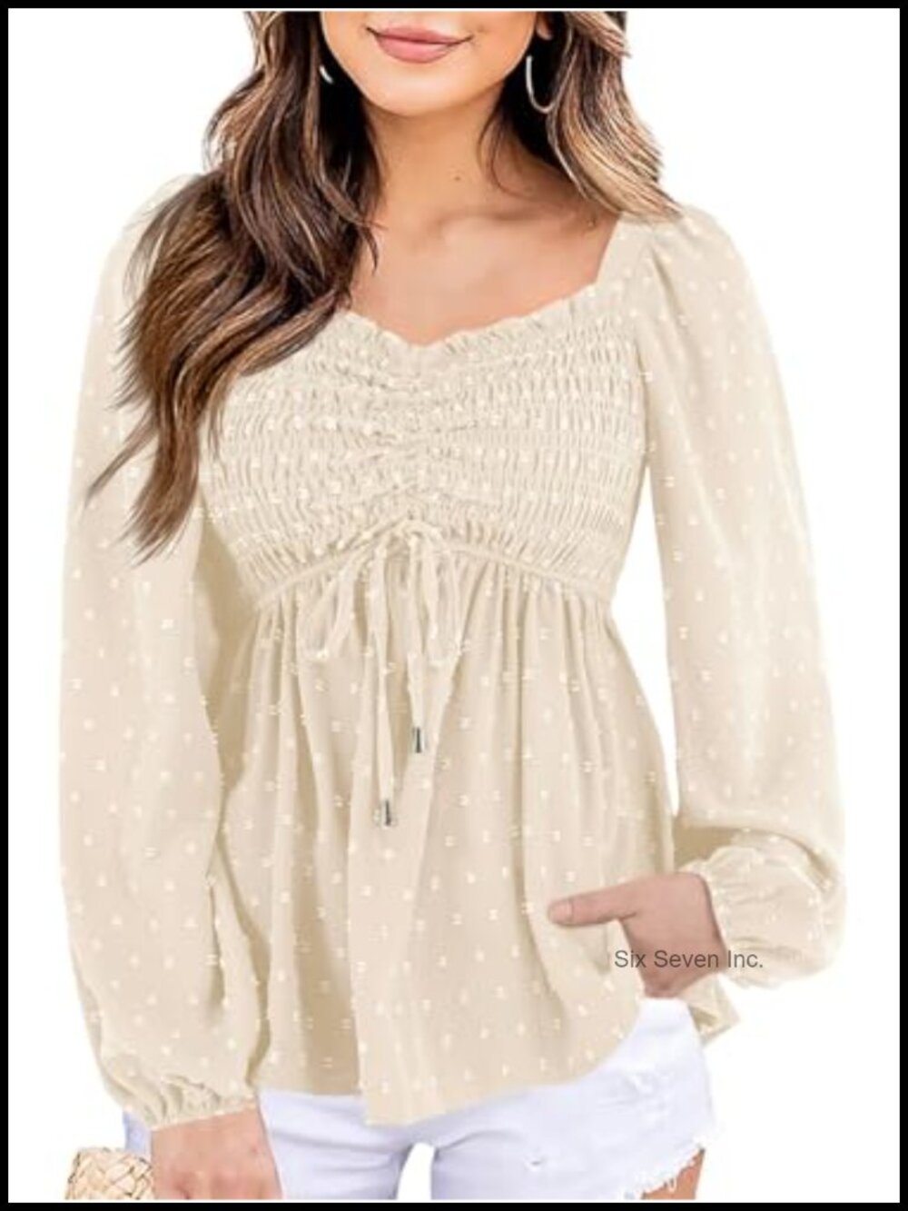 Womens V Neck Smocked Peplum Top Balloon Long Sleeve Swiss Dot Ruched Blouse